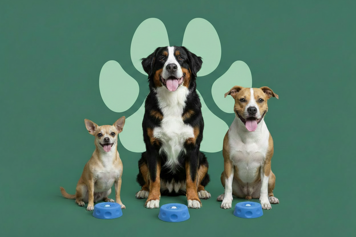 Three happy dogs with paw print background